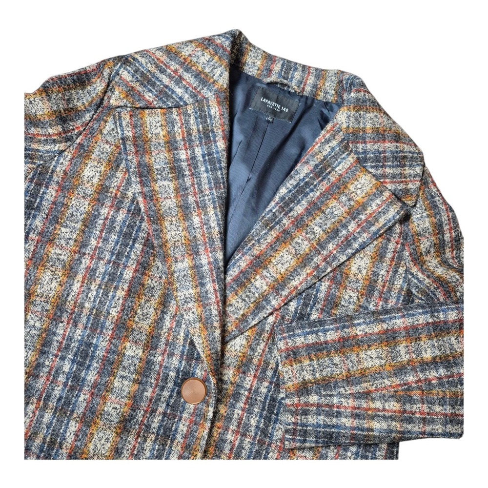 Lafayette 148 New York Lebell Plaid Coat Single Button Wool Blend EUC Women's L